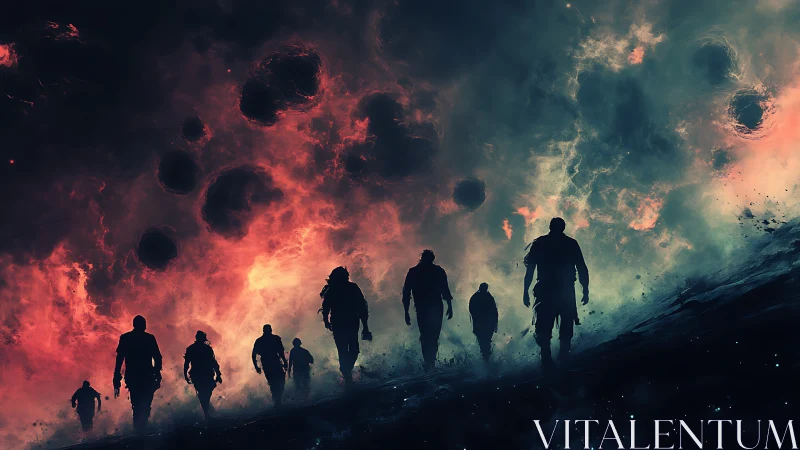 Silhouetted figures advance beneath chaotic nebular sky