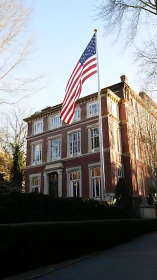 Photorealistic Federal-style townhouse with flagpole emphasis.