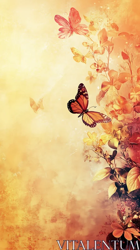 Soft sunset garden with drifting butterflies in golden air.
