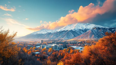 Autumn cityscape unfolds beneath snow-capped alpine mountains at dusk