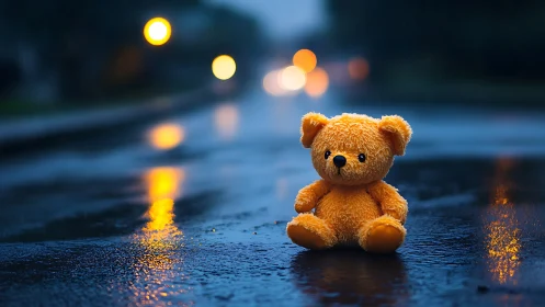 Soft teddy bear waits alone on a rainy, neon-lit street