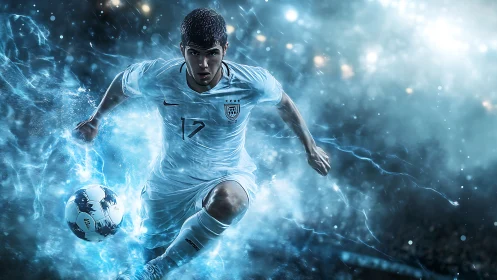 Soccer player runs toward camera in stylized blue effects