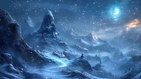 Lunar-illuminated alpine range with tiered snowbound citadels.