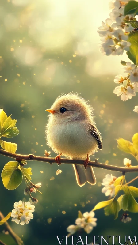 Small songbird on flowering branch in soft spring light.