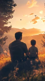 Sunlit father and son share quiet wonder above golden hills.