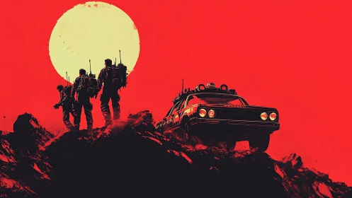 Postapocalyptic patrol silhouetted against red sunscape.