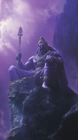 Majestic purple warlord rests on a stormy mountain throne