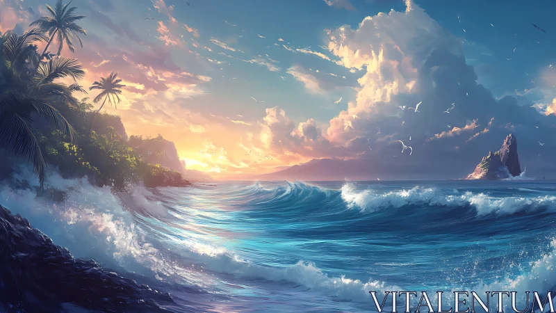 Sunlit tropical waves dancing beneath glowing evening clouds.