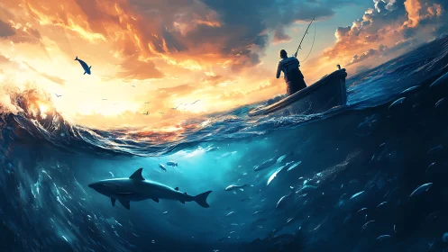 Solitary fisherman faces hidden sharks beneath fiery sunset sky.