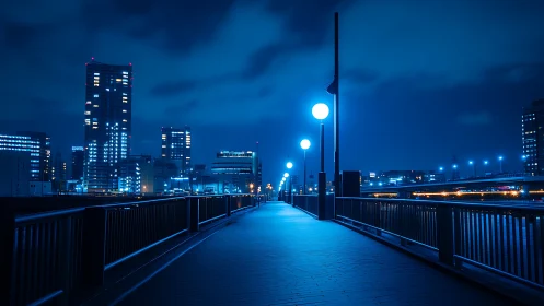 Blue lit urban bridge walkway under night city skyline.