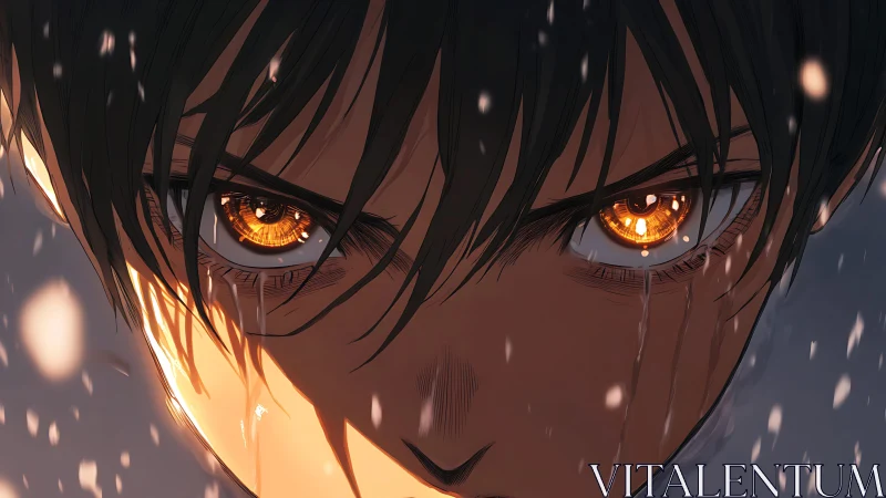 Close anime face with glowing amber eyes in snowfall.
