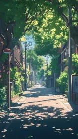 Tree lined urban alley in warm midday sunlight.