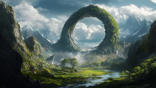 Geological torus megastructure over alpine fluvial basin.