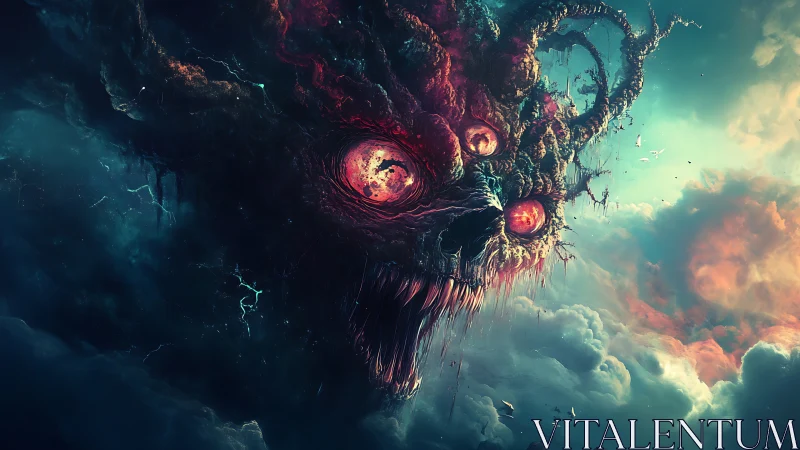 Stormborn cosmic horror grinning through painted clouds.