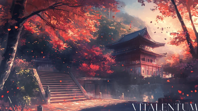 Autumn shrine courtyard rendered with atmospheric depth and volumetric light