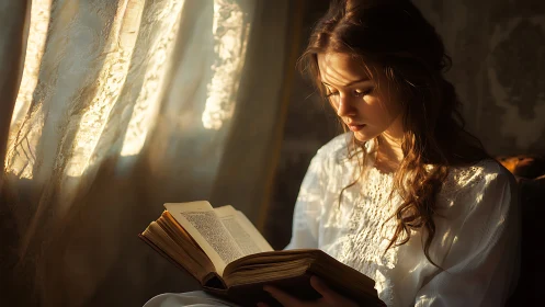 Young woman reads antique book in warm morning light