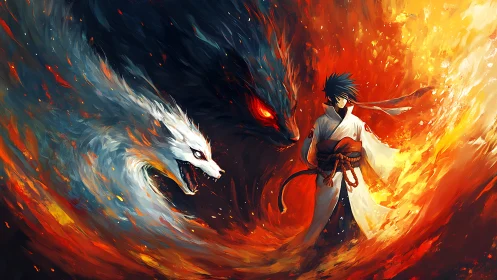 Elemental warrior amid twin spirit wolves in blazing vortex.