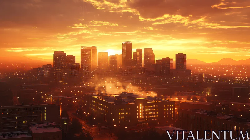 Digital painting skyline at sunset with luminous urban haze.