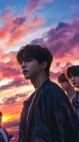 Idol group stands beneath neon sunset sky in dreamy glow