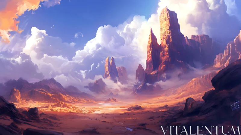 Sunlit desert towers rise calmly beneath towering clouds