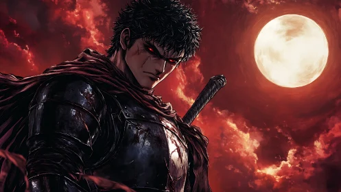 Brooding swordsman under a burning red moonlit sky.
