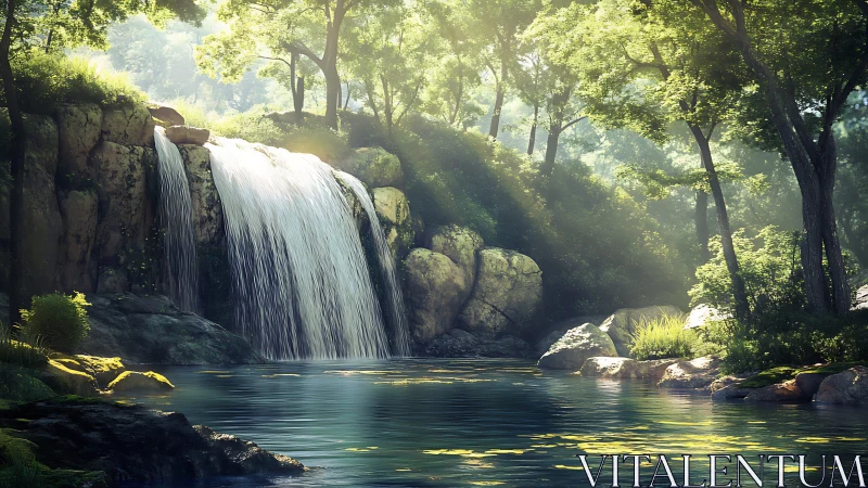 Sunlit forest waterfall cascades into tranquil reflective pool