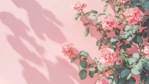 Pink Climbing Roses Against Sunlit Wall with Shadow Play.