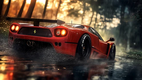 Red supercar powers through rainy forest road at sunset