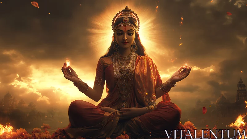 Radiant goddess meditates amid glowing clouds and temples