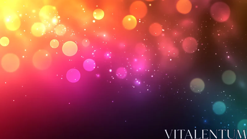 Neon bokeh fireflies drifting across a rainbow dusk veil.