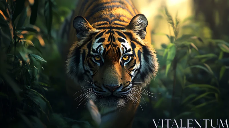 Predatory tiger stalking through lush backlit rainforest undergrowth.