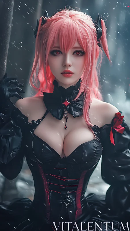 Pink haired gothic demon girl in black corset dress portrait.