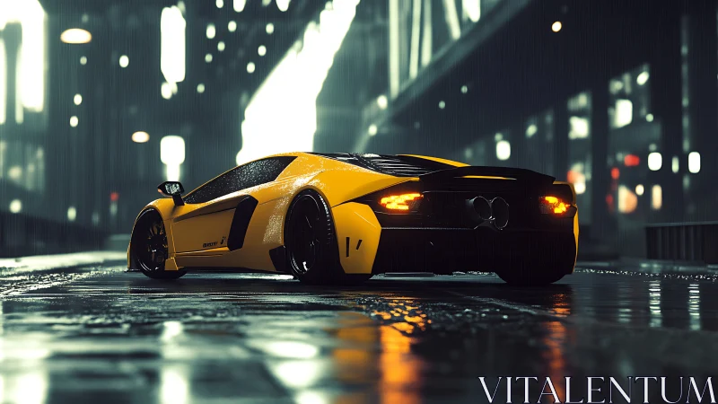 Electric yellow supercar glows warmly in a rainy night city