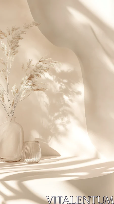 Minimal beige vases with dried grass in soft sunlight.