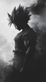 Monochrome anime warrior rendered in high contrast particle decay