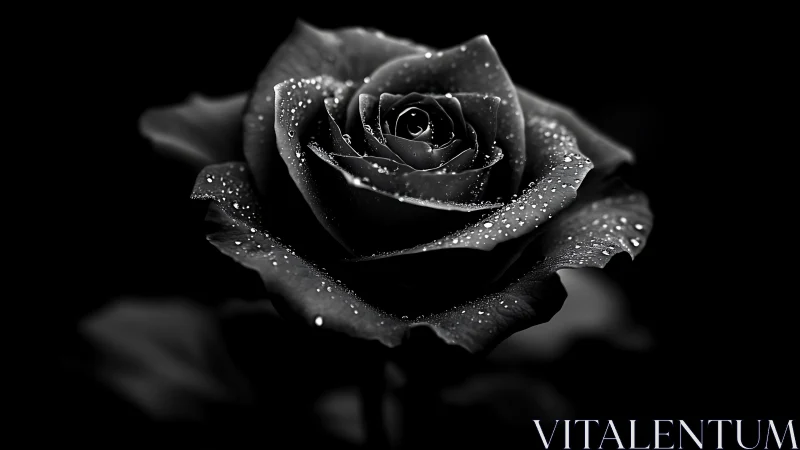 Nocturne rose glimmering with silver droplets in darkness.