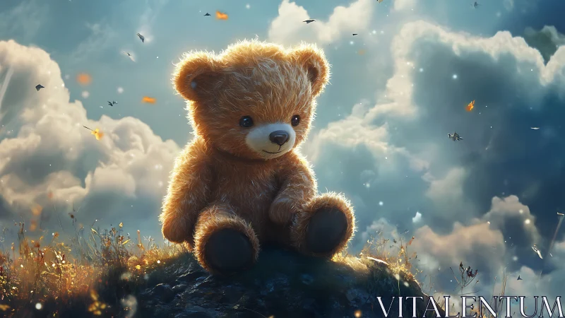 Golden teddy bear on sunlit hill under dreamy sky.