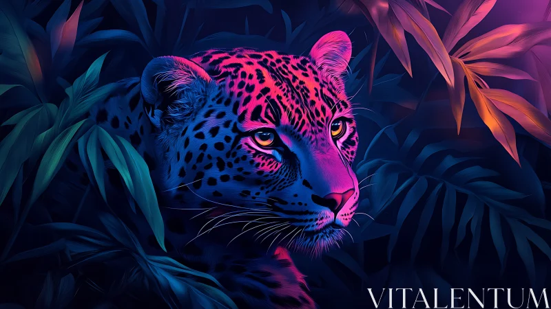 Neon jungle leopard listens closely to the heartbeat of night