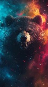 Cosmic bear portrait rendered in high-contrast nebular hues