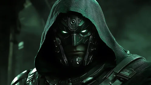 Cloaked cybernetic warrior in dark emerald ambience.