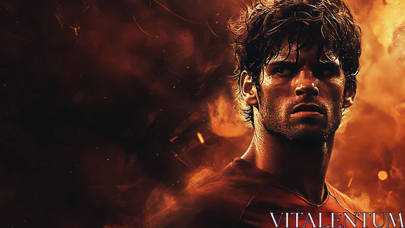 Intense male athlete portrait in fiery digital backdrop.