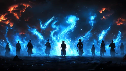 Mystic warriors command blue fire before burning storm