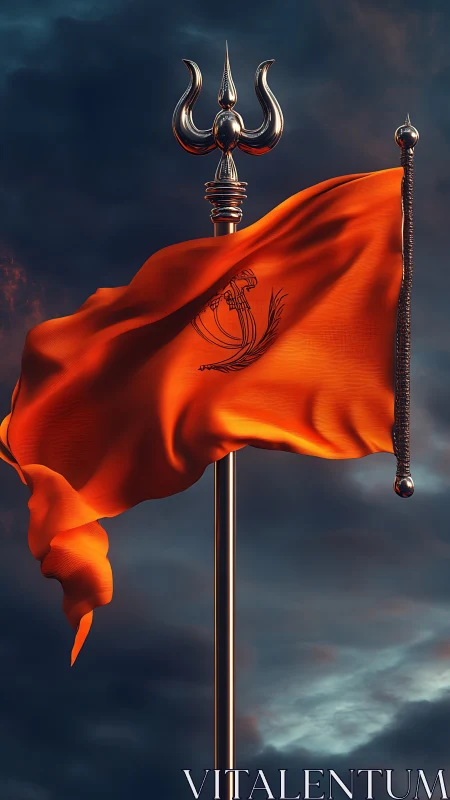 Orange spiritual banner dancing beneath stormy skies.