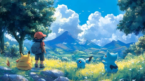Young trainer and Pokémon gaze toward sunlit valley horizon.