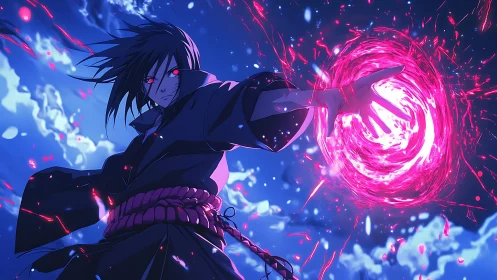 Crimson vortex spell in dynamic night-sky anime battle.