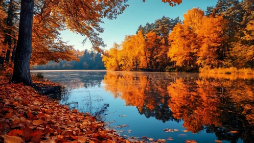 Autumn forest shoreline reflected on calm lake surface.