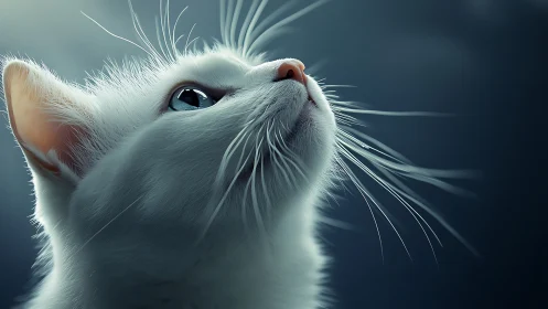 Luminous White Cat Gazing Upward in Studio Light.
