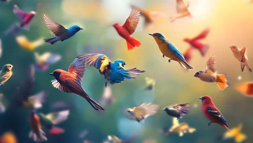 Colorful songbirds in flight, dreamy artistic style, vibrant background.