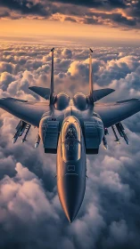 Modern twin‑engine fighter jet above dense cloud layer.