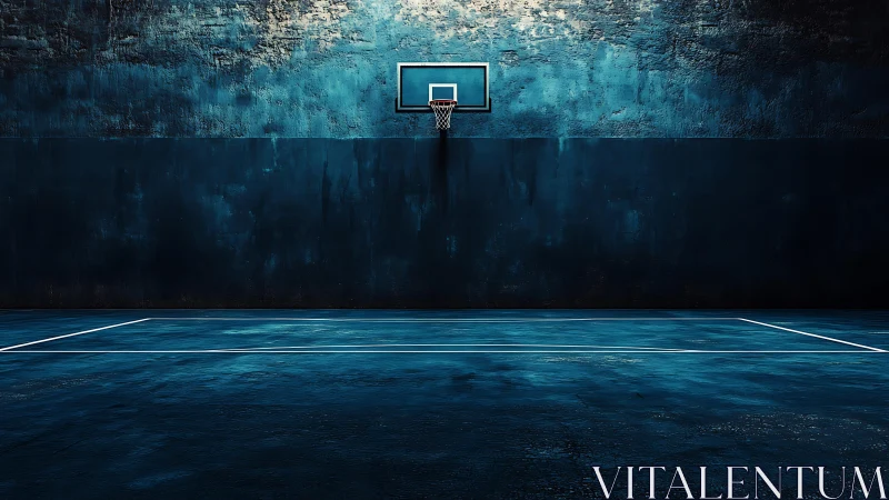 Moonlit concrete court where a lone hoop waits in blue hush.